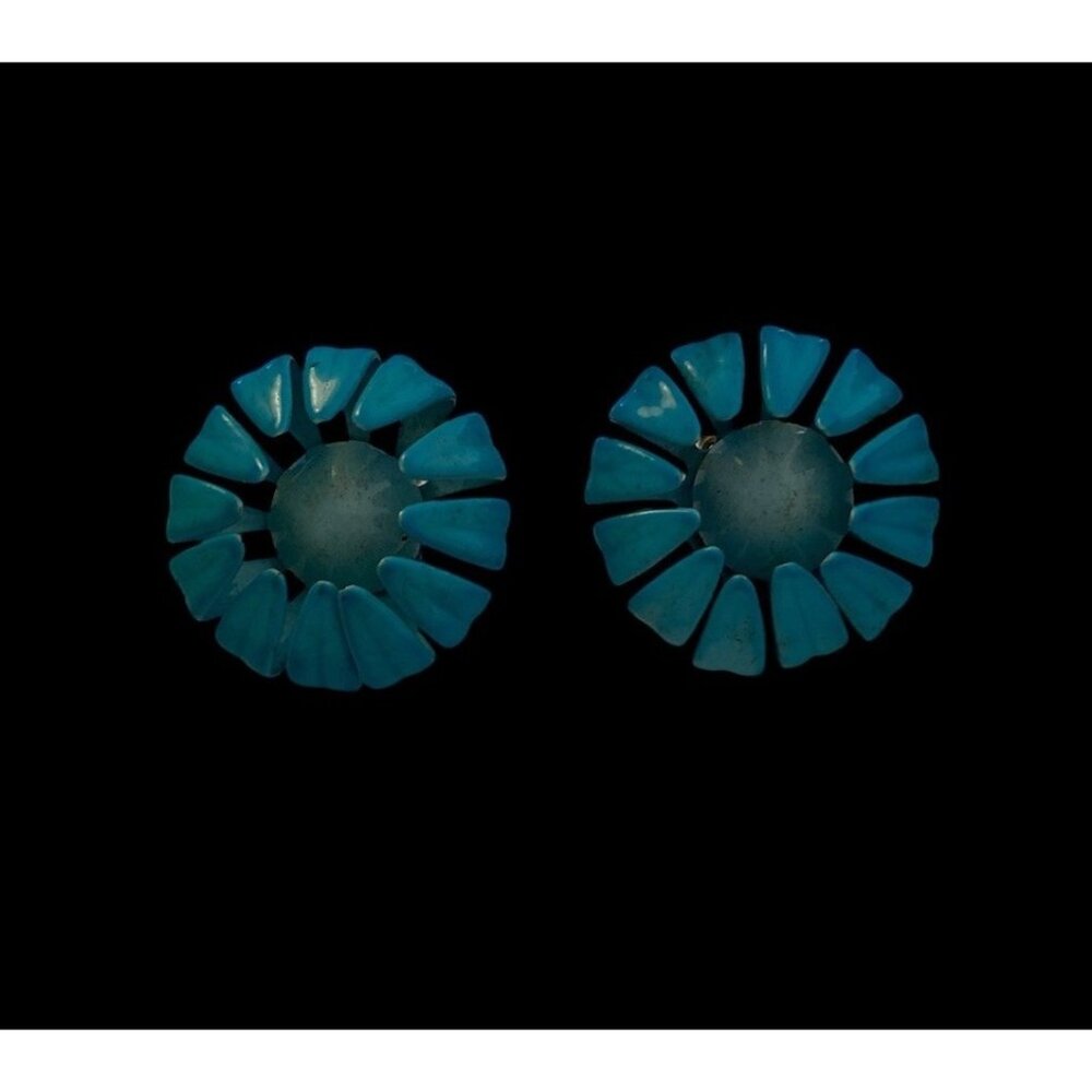 Vtg Midcentury 2-Tone Aqua Figural Flower Clip-On Earrings Riveted Construction
